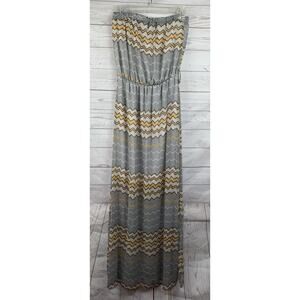 CHARLEE Maxi Dress‎ Womens small Yellow/Gray chevron print Strapless